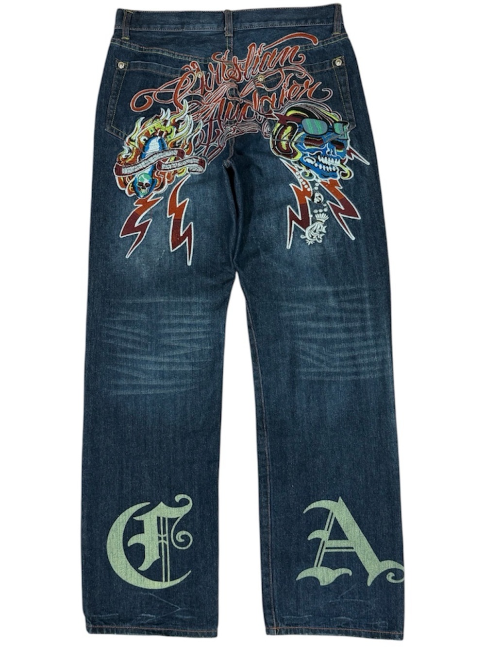 Christian Audigier Men’s Dark Blue Embroidered Skull Jeans